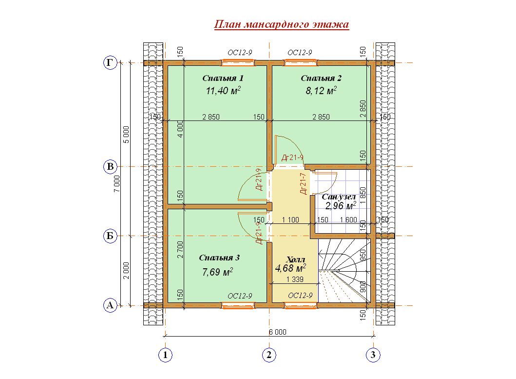 План мансардного этажа дома из бруса 7 на 7