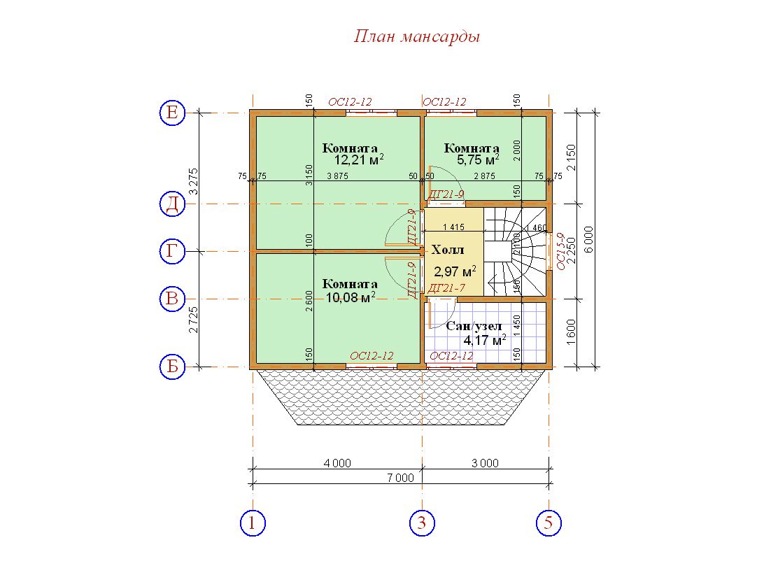 План мансардного этажа дома с эркером из бруса 7 на 7