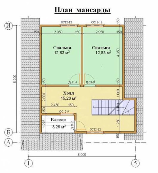 План мансарды дома из бруса 8 на 8