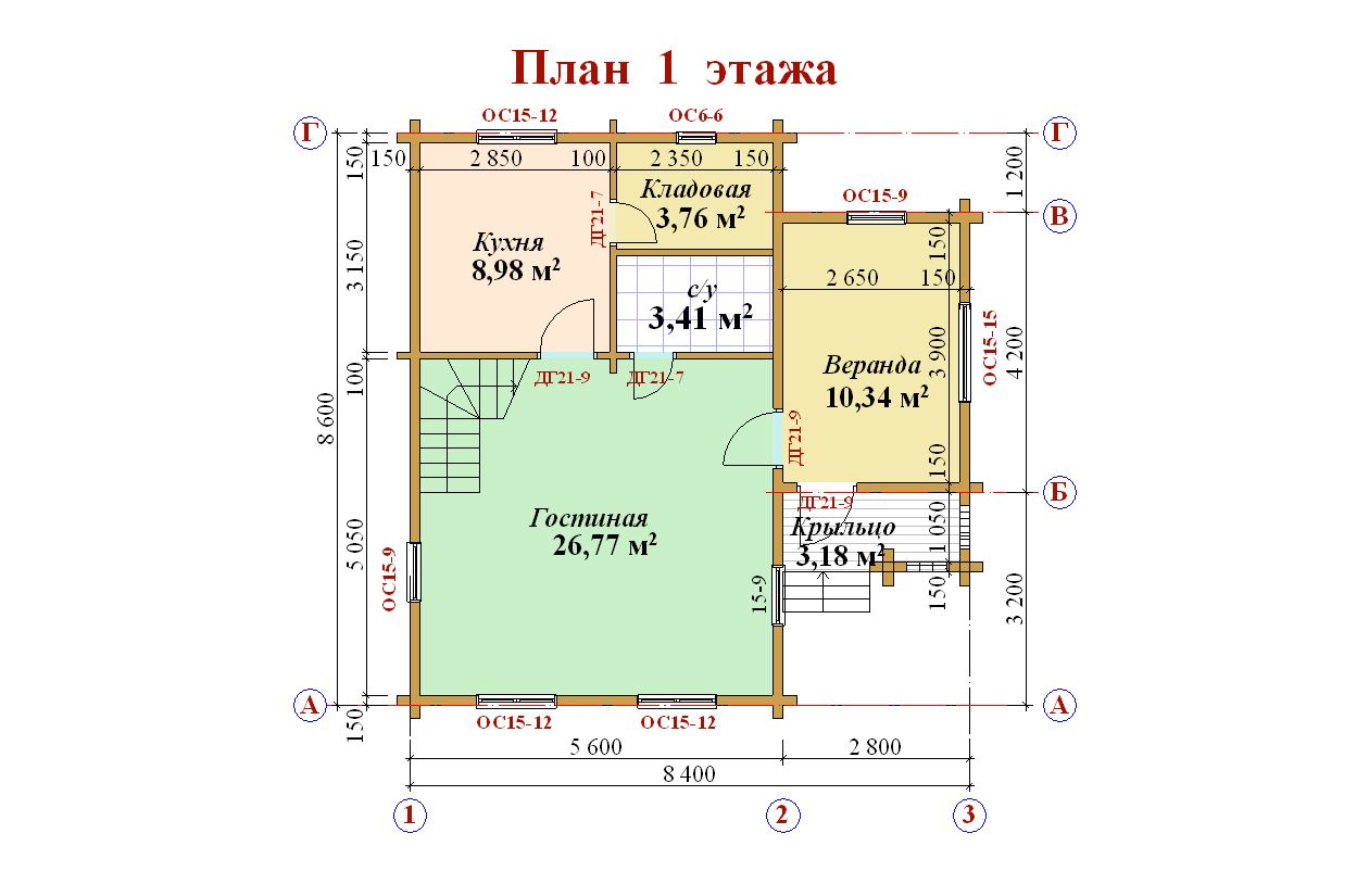 Планировка 1 этажа загородного деревянного дома 8 на 8