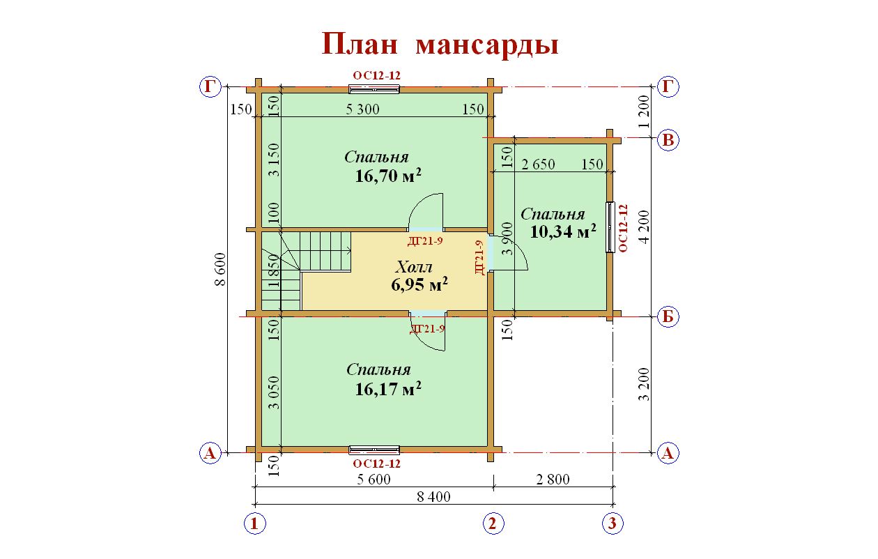 Планировка мансарды загородного деревянного дома 8 на 8