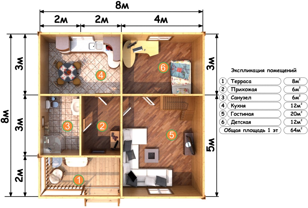 Планировка 1 этажа дома из бруса 8 на 8