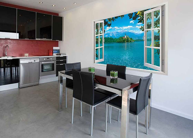 Дизайн кухни в стиле хайтек с фотопанно на стене