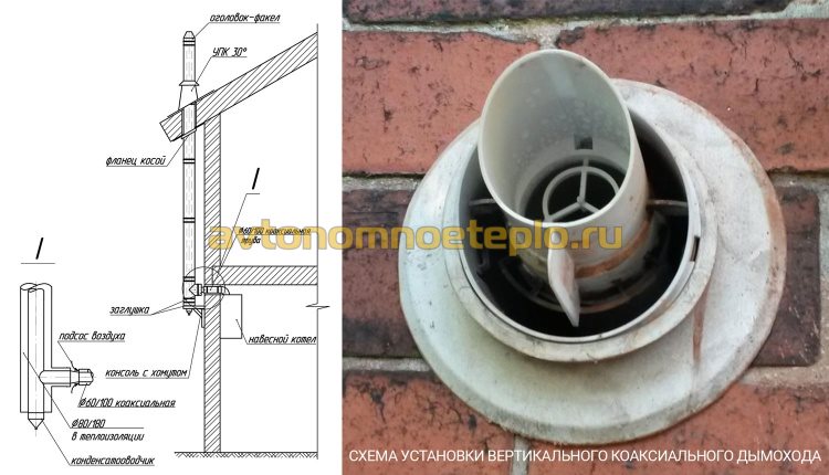 схема правильной установки вертикальной коаксиальной трубы для котла на газе