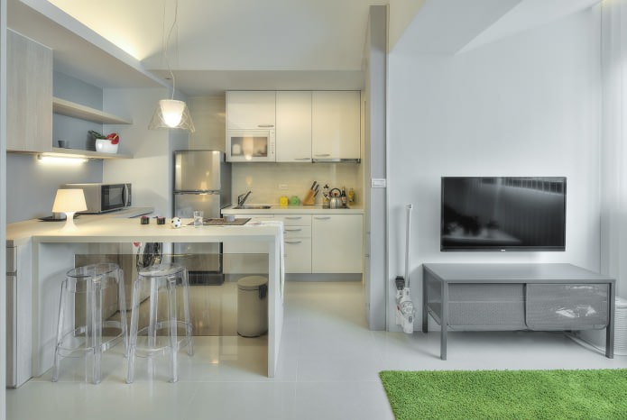 кухня с барной стойкой в дизайне интерьера квартиры-студии