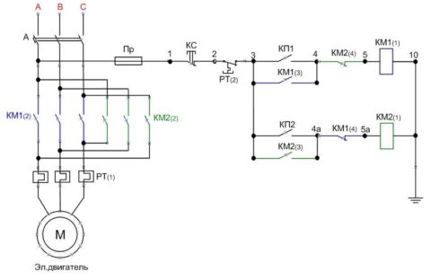 Схема реверсивного подключения электродвигателя с катушкой пускателя на 220В