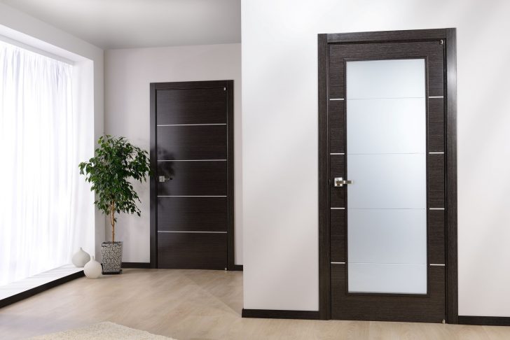 Modern dark door in an apartment with a light floor