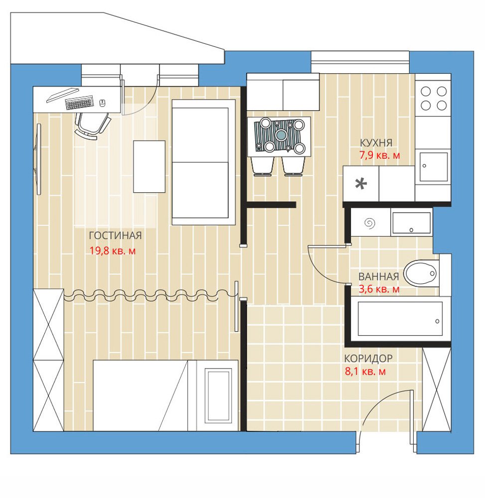 План однокомнатной квартиры с мебелью и размерами