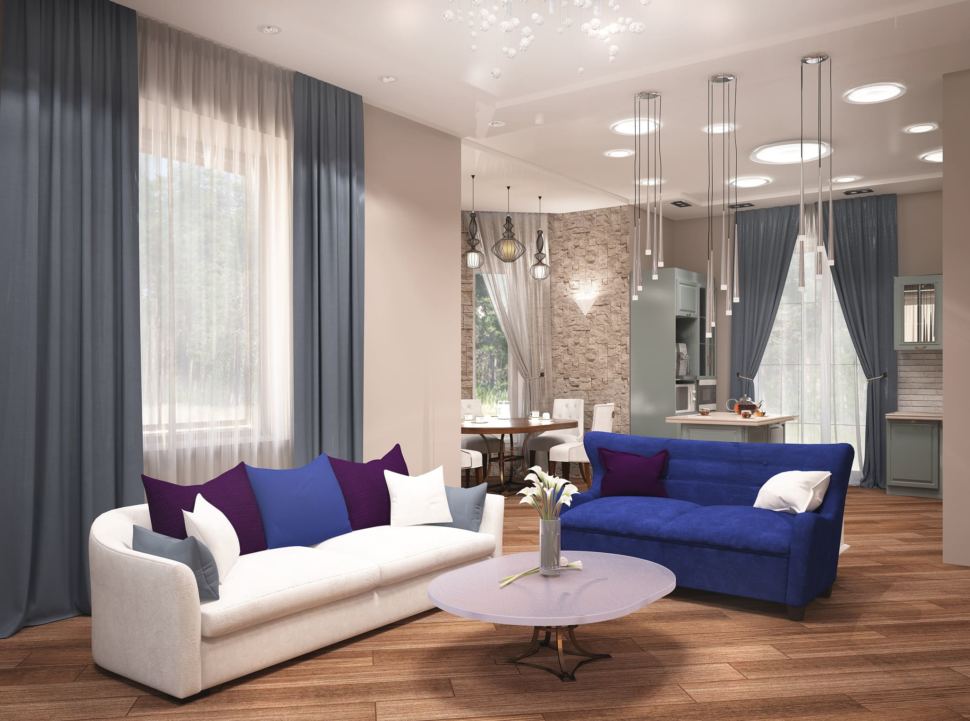 Визуализация кухни-гостиной 27 кв.м в коттедже с древесными тонами в сочетании с насыщенными синими и ягодными оттенками, белый диван, диван