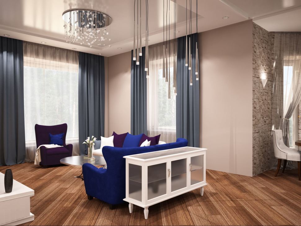 Дизайн интерьера кухни-гостиной 27 кв.м в коттедже с древесными тонами, белый диван, синий диван,журнальный столик, белая тумба, камин