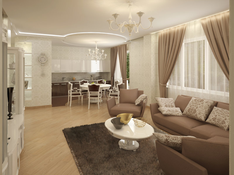 Дизайн гостиной в частном доме в современном стиле со светлым