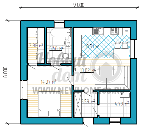 Планировка коттеджа 8х9 м с небольшой зоной кухни и гостиной, одной спальной, имеющей отдельный гардероб, и отдельным помещением под котельную.