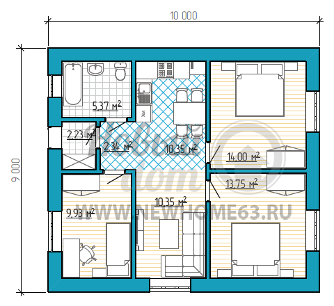 Планировка одноэтажного частного дома размером 9 на 10 метров с тремя спальными, одну из которых можно переделать в кабинет, небольшая зона гостиной и кухни-столовой.