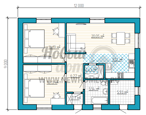 Планировка одноэтажного дома 9 на 12 с двумя спальными, общая зона кухни-гостиной, в доме есть кладовая, которую можно использовать в качестве гардероба.