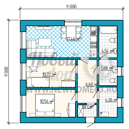 Планировка загородного дома с двумя спальными, общей кухней-гостиной, отдельными ванной и туалетом.