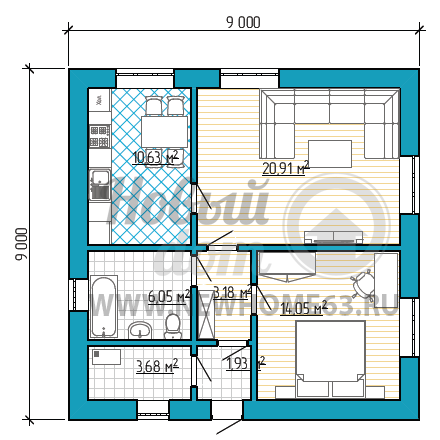 Планировка квадратного дома 9х9 м с отдельной кухней, просторной гостиной и одной спальной.