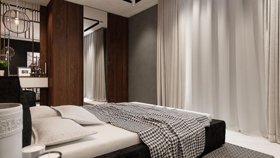 Для кровати выбрано особенное место - напротив большого балкона. Благодаря ему в спальне организуется естественное кондиционирование, если приоткрыть балконную дверь.