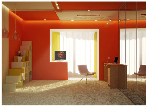 комната в красных тонах с бежевыми предметами интерьера объединена с балконом