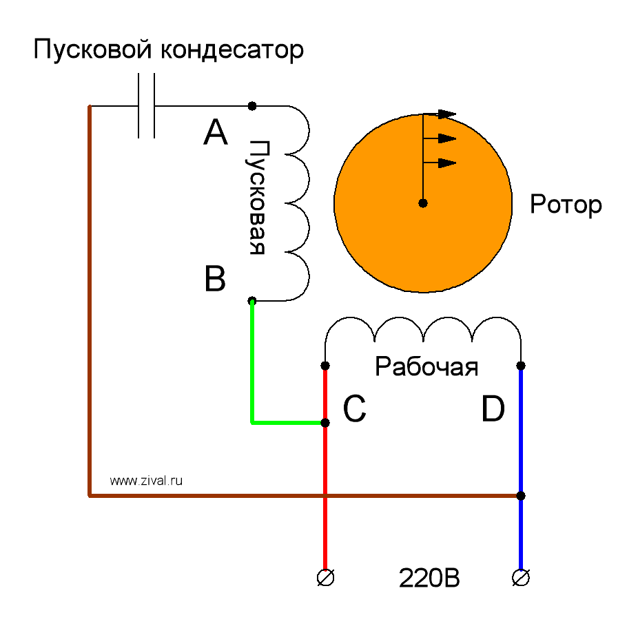 Реверсивная схема подключения электродвигателя - фазировка 