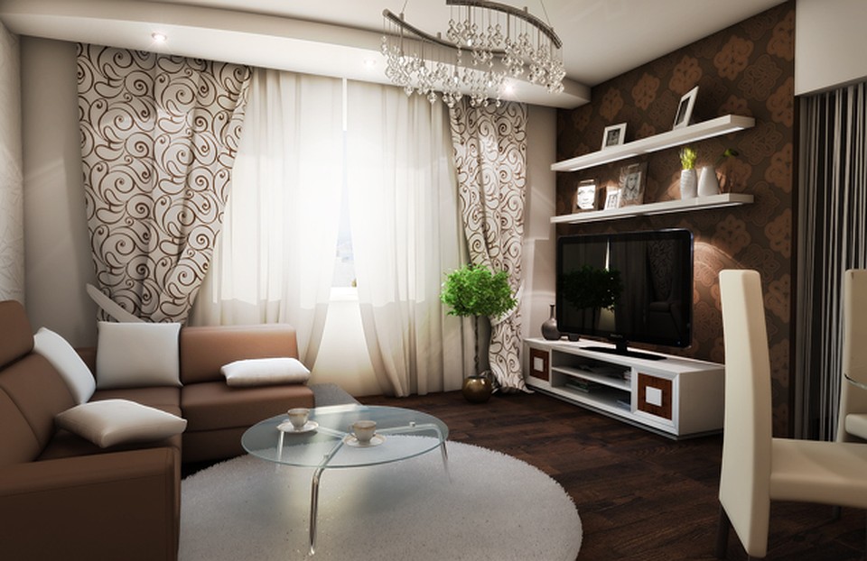Общая  цветовая гамма  гостиной - спокойная, классическая, с активным использованием сочетания белого, коричневого и бежевого цветов. 
