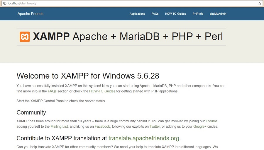 Страница приветствия Xampp