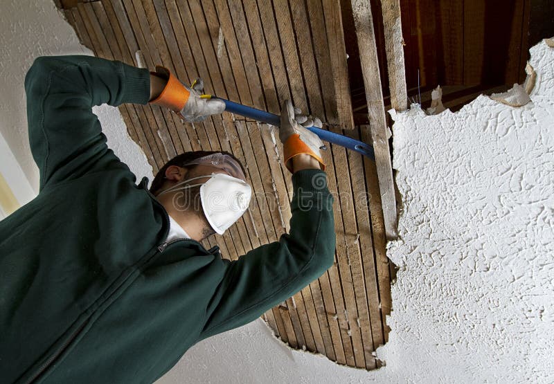 Ceiling Repair. View from below. man removing plaster lathe from ceiling royalty free stock photography
