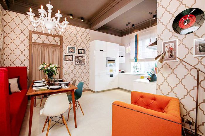 Дизайн кухни-гостиной площадью в 18 кв метров с П-образной планировкой