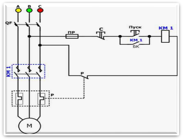 Схема пуска двигателя с магнитным пускателем