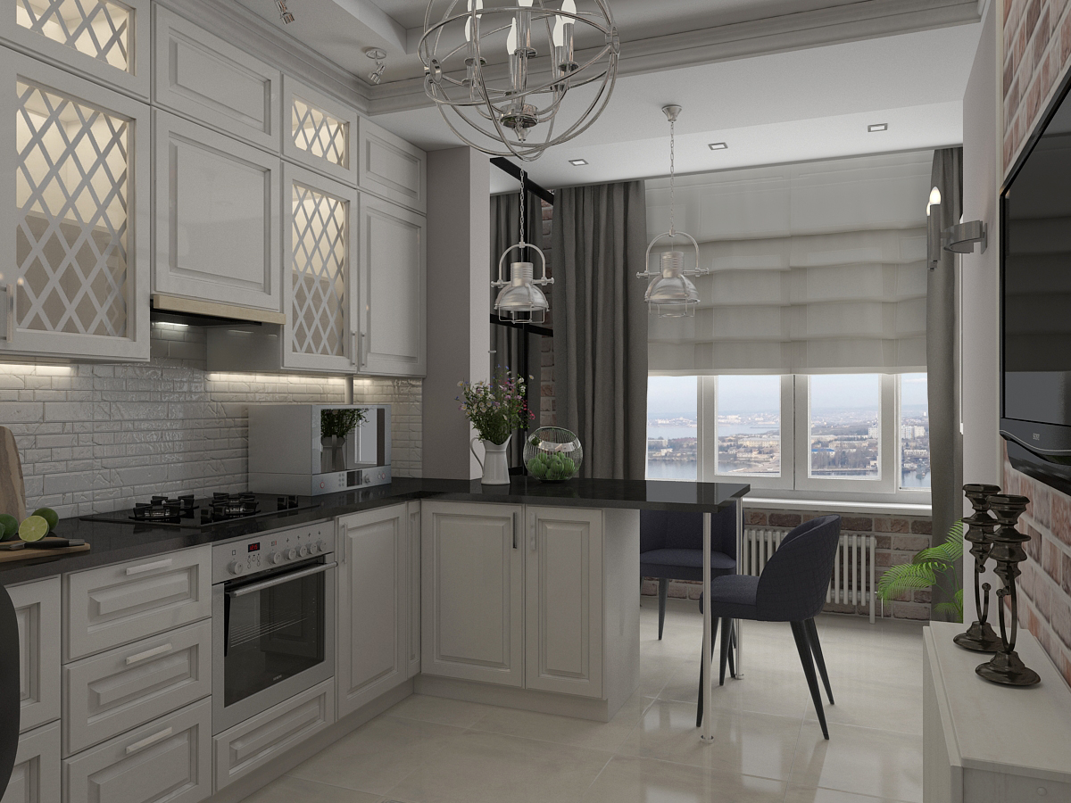 белая современная кухня с балконом