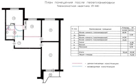 перепланировка трехкомнатной квартиры П-44